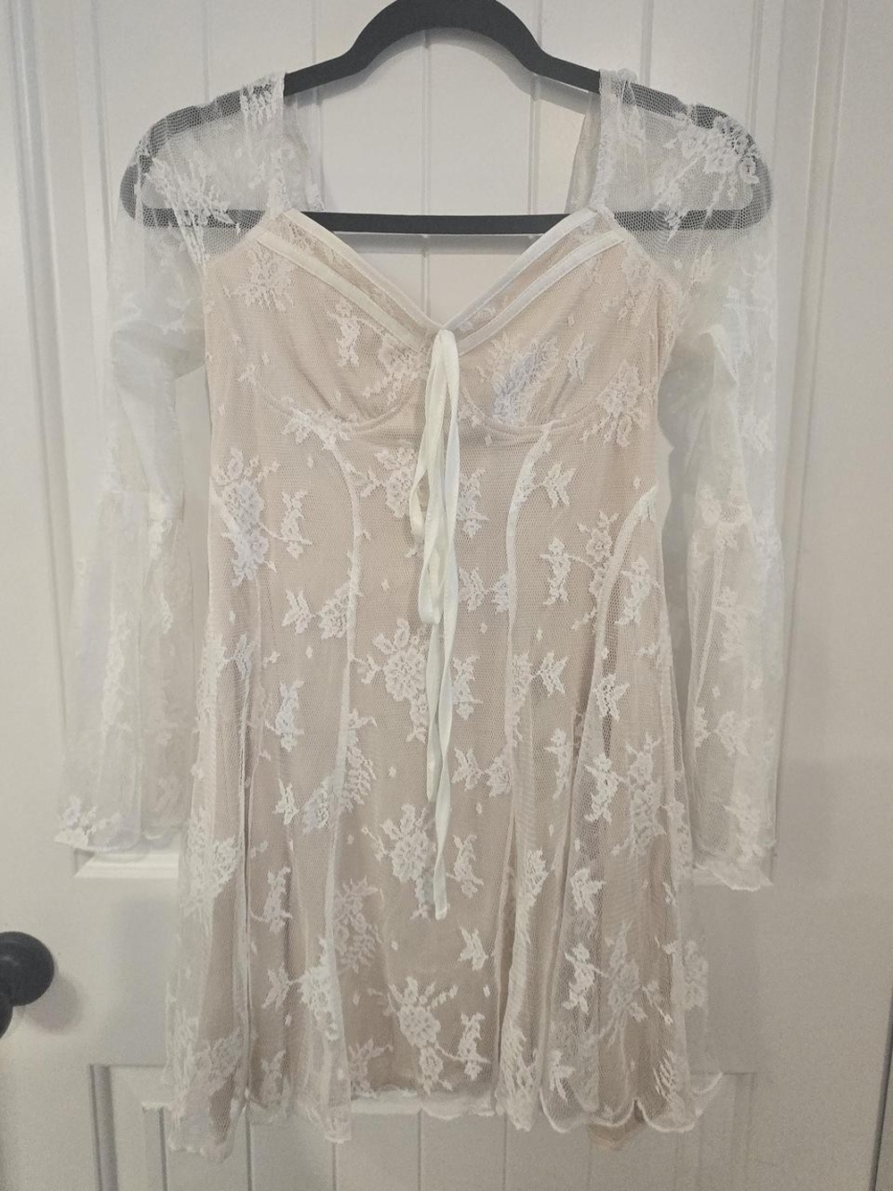 Sheer White Lace Slip Dress with Long Sleeves